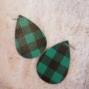 Green and black buffalo plaid tear drop earrings